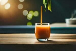 a glass of orange juice with a straw on a wooden table. AI-Generated photo