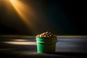 a bucket of nuts on a dark floor. AI-Generated photo