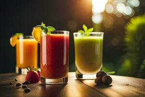 three different types of juices on a wooden table. AI-Generated photo