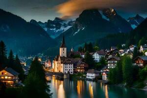 photo wallpaper mountains, the sky, the water, the town, the river, the church,. AI-Generated