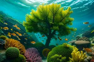 an underwater scene with coral reefs and a tree. AI-Generated photo