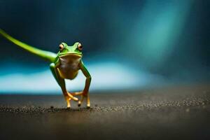 a frog is walking on the ground. AI-Generated photo