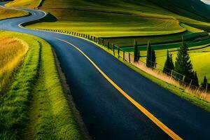 a winding road in the middle of a green field. AI-Generated photo