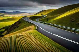 a long winding road in the middle of a green field. AI-Generated photo