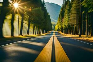 un la carretera con arboles y Dom brillante en el antecedentes. generado por ai foto