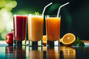 three glasses of juice with fruit and vegetables. AI-Generated photo