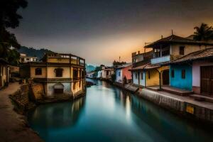 a canal in india with houses on either side. AI-Generated photo