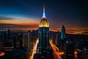 the empire state building is lit up at night. AI-Generated photo