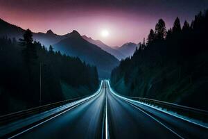 a long exposure photo of a highway with mountains in the background. AI-Generated