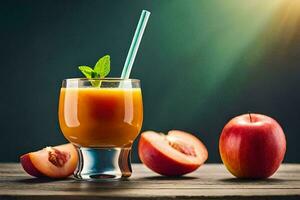 apple juice in a glass with a straw and sliced apples. AI-Generated photo