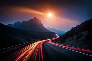 a long exposure photograph of a road with light trails. AI-Generated photo