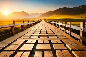 a wooden bridge over a field with mountains in the background. AI-Generated photo