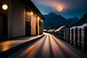 a long exposure photo of a street with a mountain in the background. AI-Generated