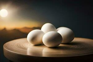 four eggs on a wooden table with the sun in the background. AI-Generated photo