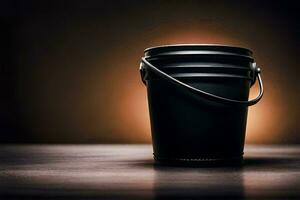 a black bucket sitting on a table. AI-Generated photo