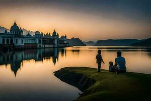 a family sits on the edge of a lake at sunset. AI-Generated photo