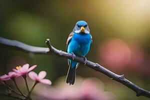 a blue bird sits on a branch with pink flowers. AI-Generated photo