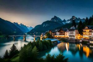 the beautiful town of alpe d'huez in the alps at dusk. AI-Generated photo