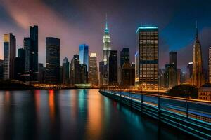 the city skyline at night with lights reflecting off the water. AI-Generated photo