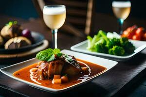 a plate of food with a glass of wine on a table. AI-Generated photo