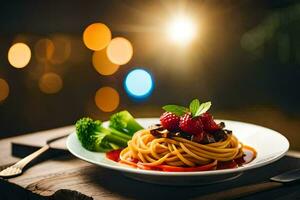 a plate of spaghetti with mushrooms and berries on a wooden table. AI-Generated photo