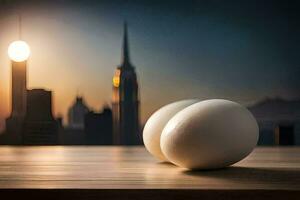 two eggs on a table in front of a city skyline. AI-Generated photo