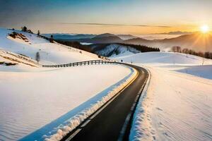 a road winding through the snow covered mountains. AI-Generated photo