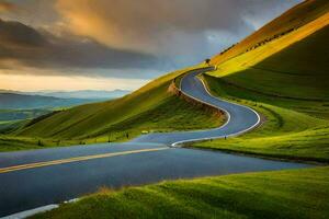 el la carretera a el puesta de sol. generado por ai foto