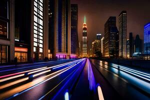 a city street at night with light trails. AI-Generated photo