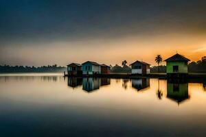 puesta de sol terminado el agua con vistoso casas generado por ai foto