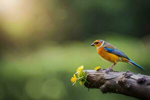 un pequeño pájaro se sienta en un rama con flores generado por ai foto