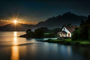 a house sits on the shore of a lake at sunset. AI-Generated photo