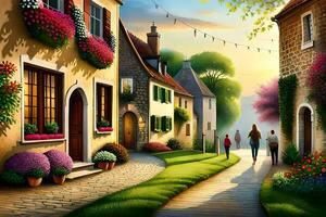 a painting of a street with flowers and people walking. AI-Generated photo