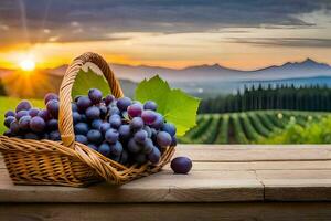 grapes in a basket on a wooden table with a sunset in the background. AI-Generated photo