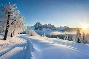 nieve cubierto montañas y arboles a puesta de sol. generado por ai foto