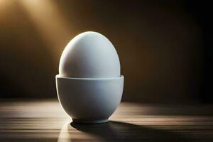 an egg in a white cup on a table. AI-Generated photo
