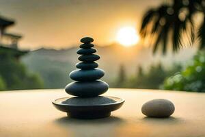 a stack of stones and a pebble sitting on a table. AI-Generated photo