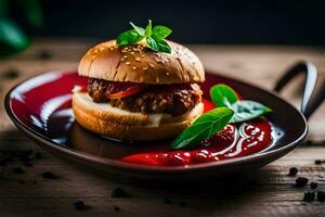 a hamburger with tomato sauce and basil on a plate. AI-Generated photo