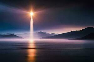 a bright light shines over the water and mountains. AI-Generated photo