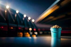 un Cubeta de palomitas de maiz en un mesa en frente de un iluminado arriba edificio. generado por ai foto