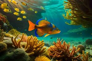 an orange fish swims in the ocean with a coral reef. AI-Generated photo