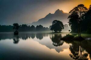 a lake with trees and mountains in the background. AI-Generated photo