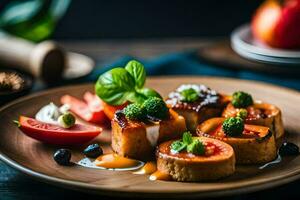 comida en un plato con Tomates y queso. generado por ai foto