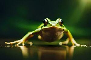 a frog is standing on a dark background. AI-Generated photo