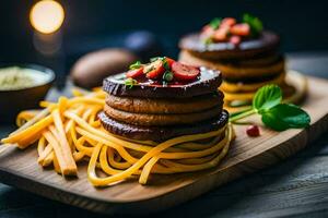 un plato con espaguetis y vegetales en él. generado por ai foto