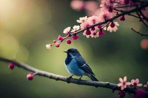 foto fondo de pantalla el pájaro, flores, primavera, el árbol, el pájaro, el árbol, el. generado por ai