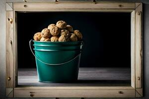 a green bucket filled with peanuts on a wooden table. AI-Generated photo