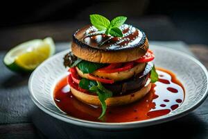 a stack of food on a plate with sauce. AI-Generated photo