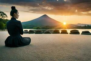 a woman meditating in front of a mountain at sunset. AI-Generated photo