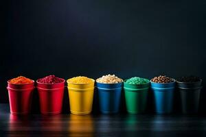 a row of colorful cups with different colored powders. AI-Generated photo